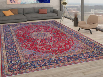 handmade Medallion, Traditional Kashan Red Blue Hand Knotted RECTANGLE 100% WOOL area rug 10x13